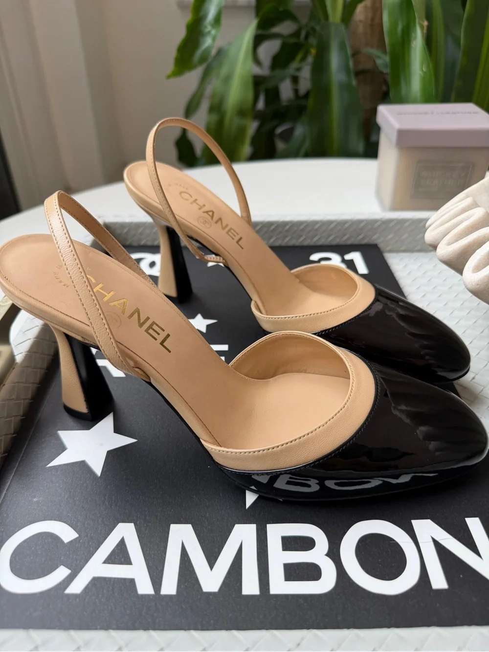 CHANEL SS 26 BLACK BEIGE 2 TONE LEATHER PATENT HEELS SLINGBACKS PUMPS SHOES 38